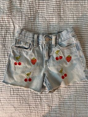 Old Navy Light Wash Denim Shorts with Red Cherry & Strawberry Embroidery- GIRL 6